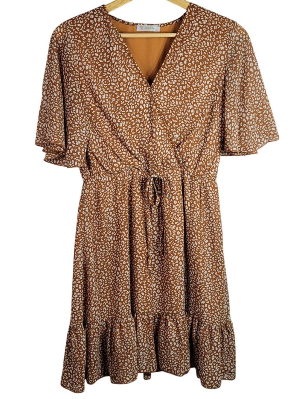 Kirundo Women Dress Brown Small Ruffle Flutter VNeck Snap Pullover Romance Swing